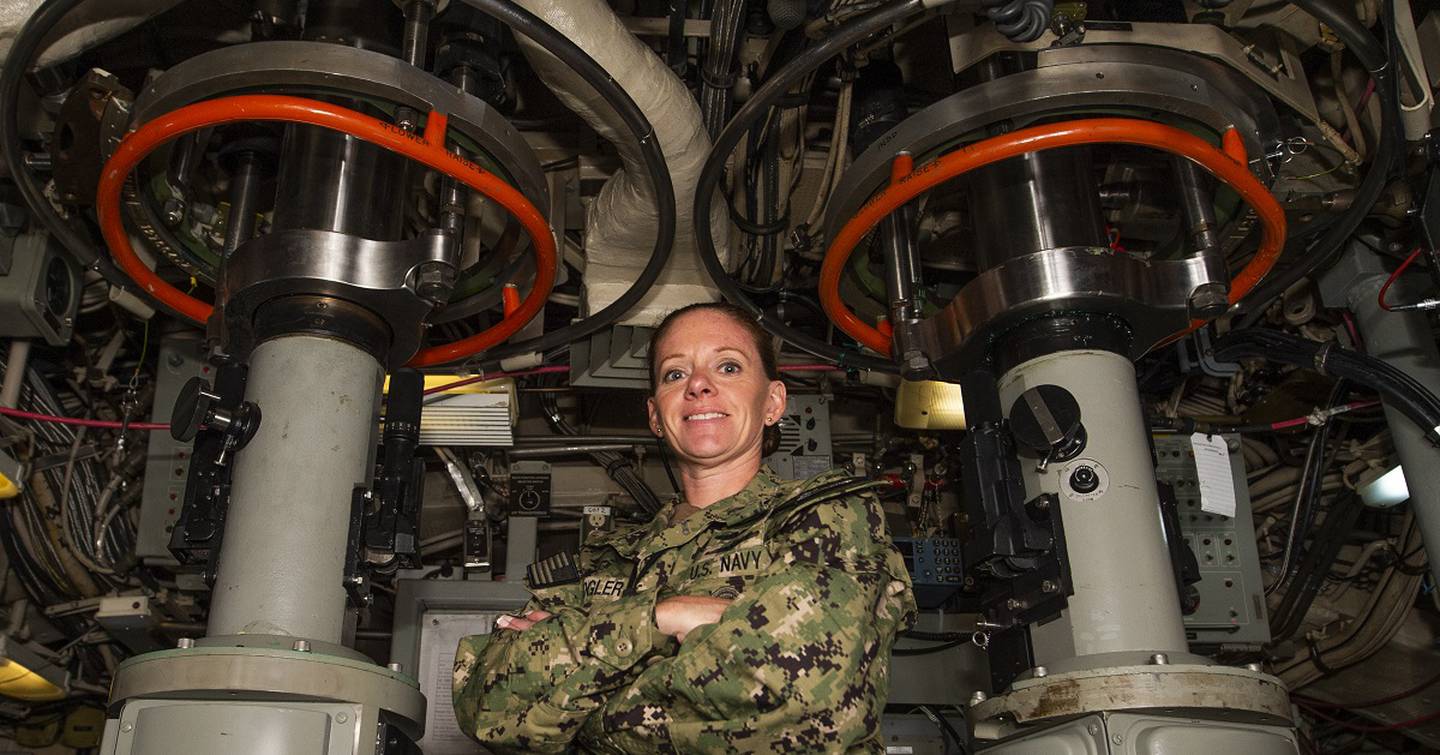 Master Chief Information Systems Technician Angela Koogler, aboard the Ohio-class ballistic missile submarine Louisiana, is the Navy’s first female chief of the boat. (MC1 Brian G. Reynolds/Navy)