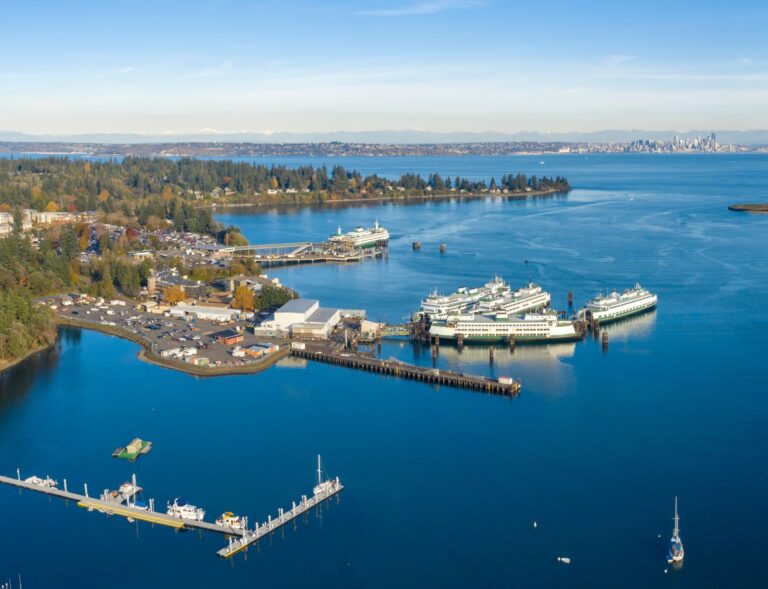 Aerial view Bainbridge Island to Seattle
