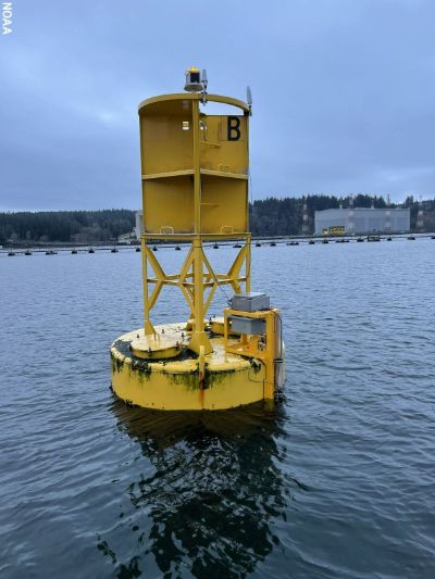 NOAA installed an important current meter on this navigation buoy in the Hood Canal near Bangor, WA. Data from this site and several others, will enhance maritime safety in the Rich Passage transit lanes, Hood Canal and, near the Naval Base Kitsap and Bremerton Dry Docks. (NOAA)